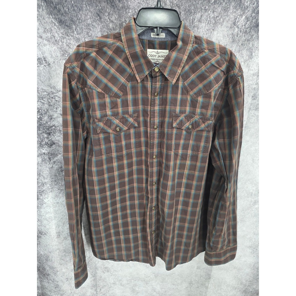 Cody James Western Shirt Mens XL Brown Plaid Pearl Snap Cowboy Rodeo Ranchwear